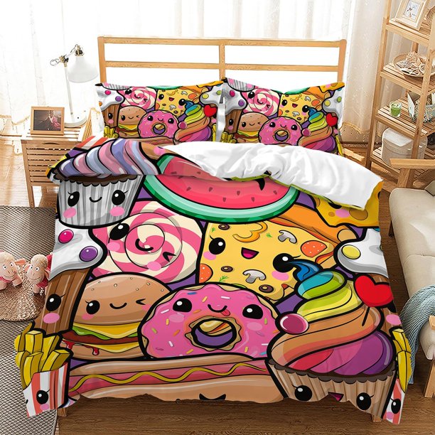 Comida de dibujos animados Juego de funda nórdica King Size,Juego de ropa de cama postre de frutas para
