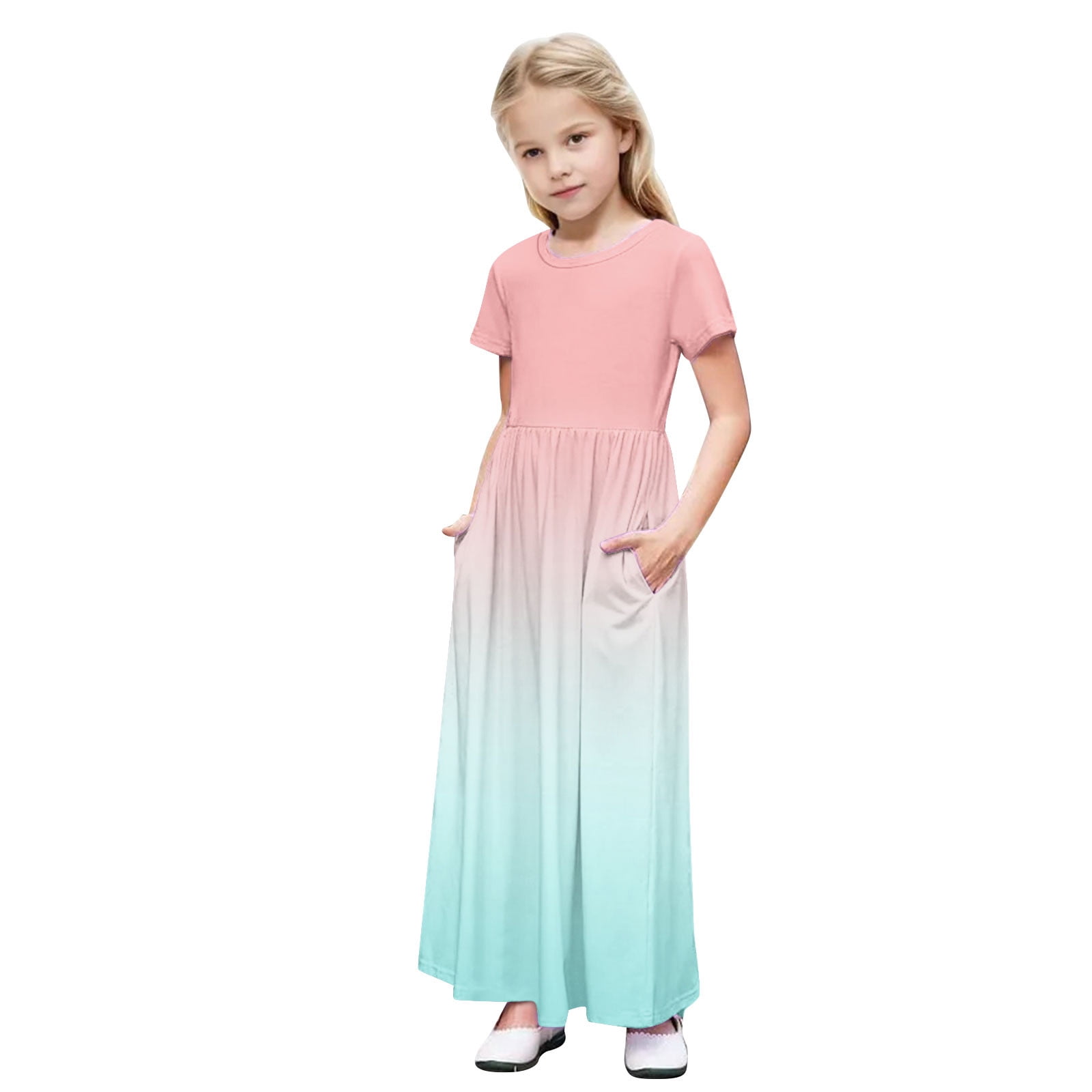 2 Pack Short Sleeve Dresses for Girls with Pockets 4-14Y Teens Kids Trendy Crew Neck High Waisted Gradient Printed Beach A-Line Maxi Dress