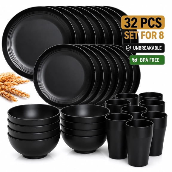 Wheat Straw Dinnerware Sets for 8, 32PCS Unbreakable Plates & Bowls Set, Microwave & Dishwasher Safe, Lightweight Reusable Dishes for Home, Camping, Picnic, BPA Free Kitchen Tableware