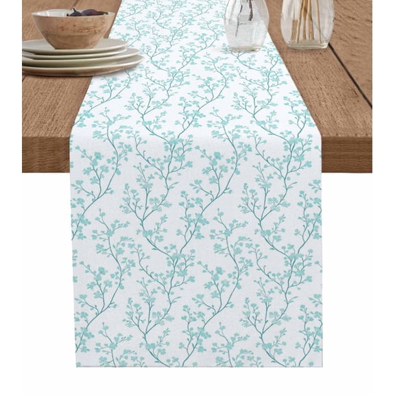 Ldtrchee Teal Blue Plant Table Runner 72 Inches, Botanical Flower Floral Tree Leaves Branch Bed Runner Dresser Scarves Tabletop for Indoor Outdoor Parties/Ceremony/Banquet, 13" x 72"
