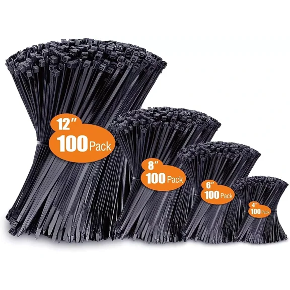 Zip Cable Ties Assorted Sizes(4” 6” 8” 12”) Heavy Duty Nylon Black Uv Resistant