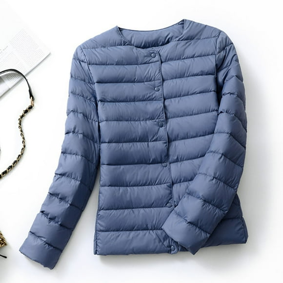 Hjcommed Mode Femmes Automne Hiver Manteau Court Ajusté Col Rond Grande Taille Bleu TTTG