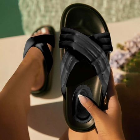 

Ladies Fashion Solid Color Leather Cross Strap Thick Bottom Casual Slippers