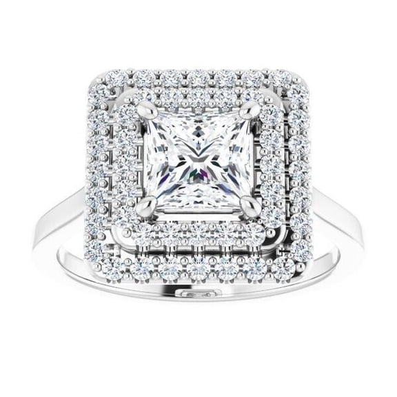 Princess Cut Double Halo Engagement Ring, Solitaire Women's Anniversary Ring, 2 Ct Simulated Diamond Ring, 14K White Gold Plated Wedding Ring, Unique Pave Set Ring For Her Birthday Gift