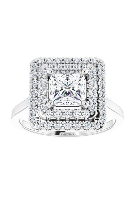 Princess Cut Double Halo Engagement Ring, Solitaire Women's Anniversary Ring, 2 Ct Simulated Diamond Ring, 14K White Gold Plated Wedding Ring, Unique Pave Set Ring For Her Birthday Gift