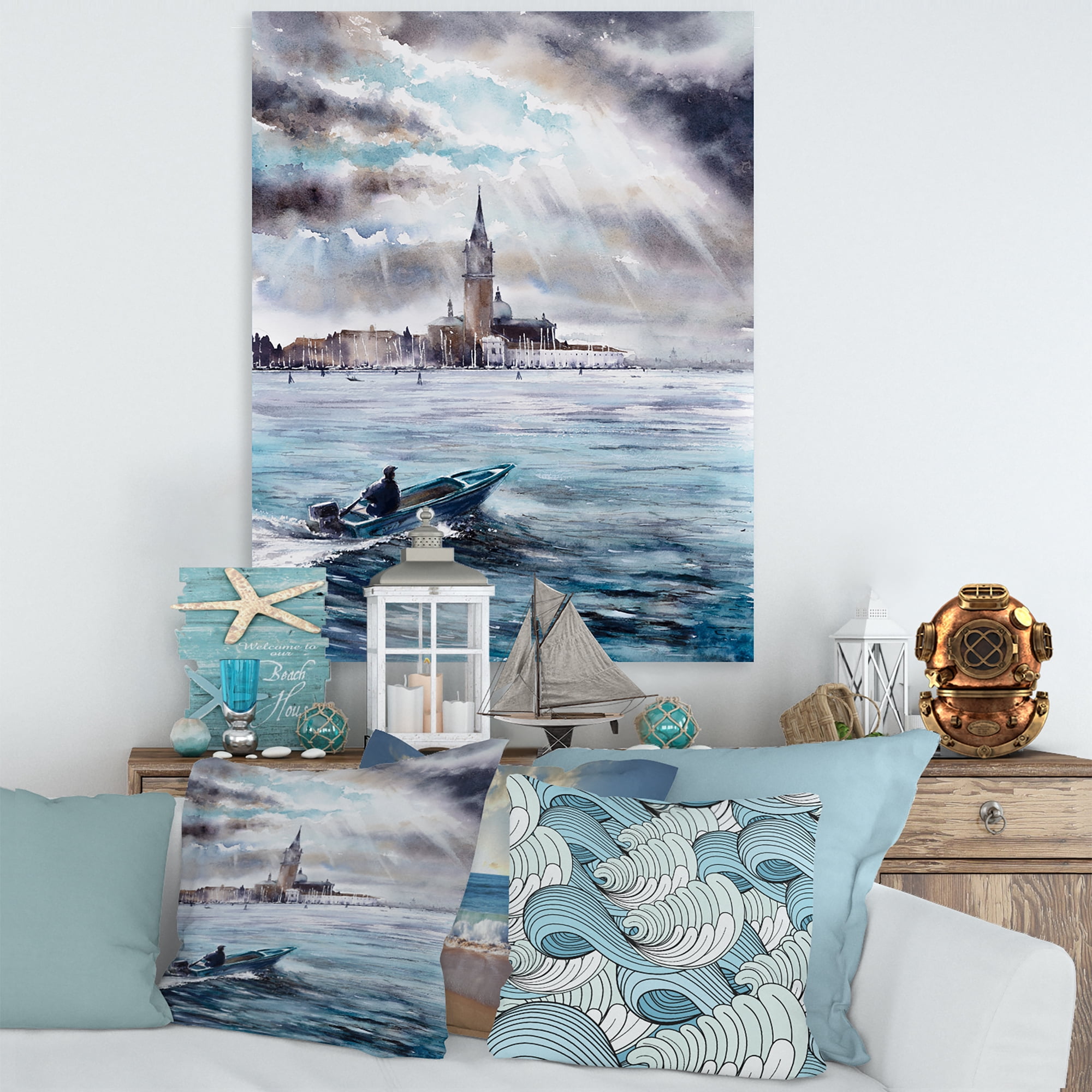 Designart ' Boat Returning In Storm Over Venice In Italy ' Nautical & Coastal Canvas Wall Art Print