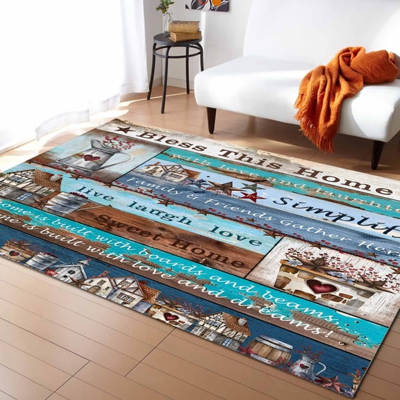 Area Rugs Indoor Non-Slip Rectangle Rug 5x8 Ft Bless This Home Farmhouse American Country Wood Grain Rug Rubber Backing Floor Mats Non Shedding Home Decor Carpet for Entryway Living Room