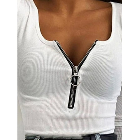 Laser Cut Blouse Black - Women Sexy Low Cut Zipper Front Long Sleeve Fitted Basic Shirt Top Blouse