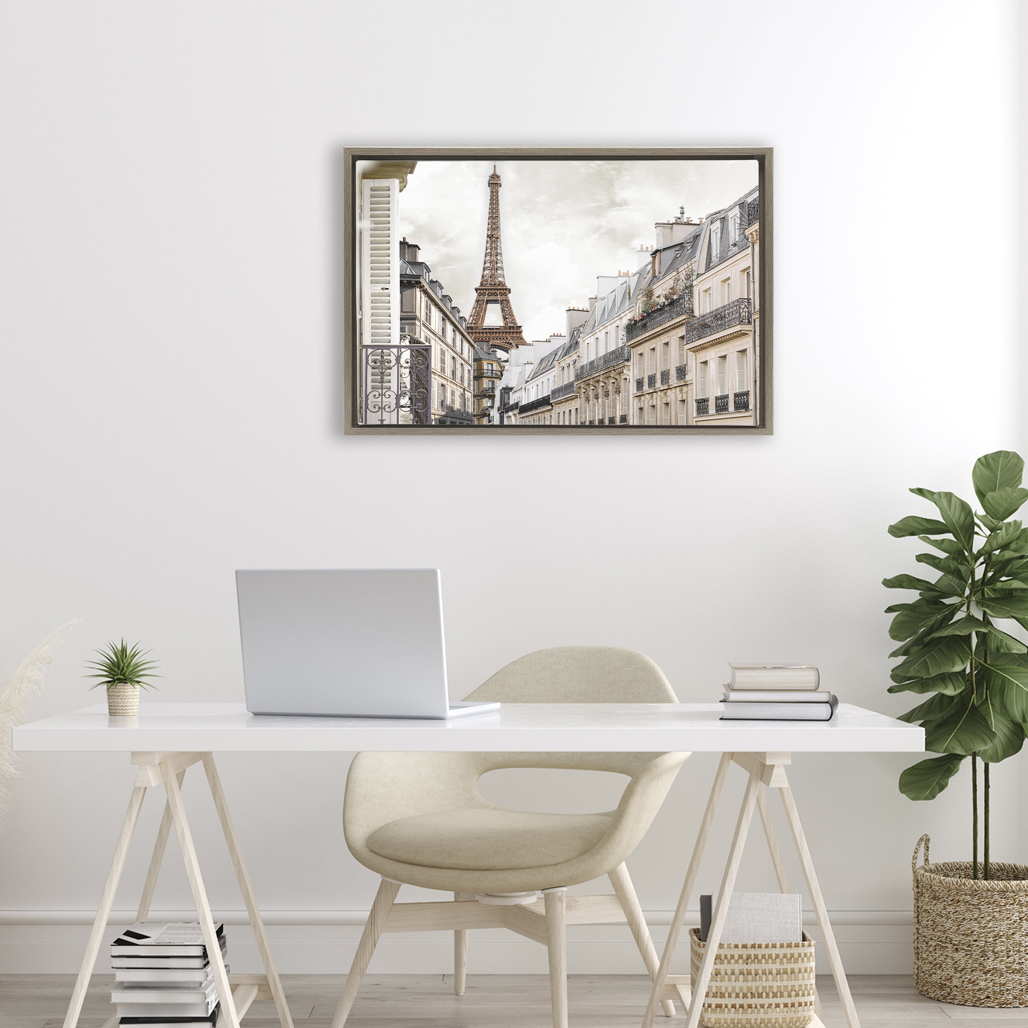 Stupell Industries Eiffel Tower Through Parisian Balconies Brown Framed Floater Canvas Wall Art, design by CAD Designs