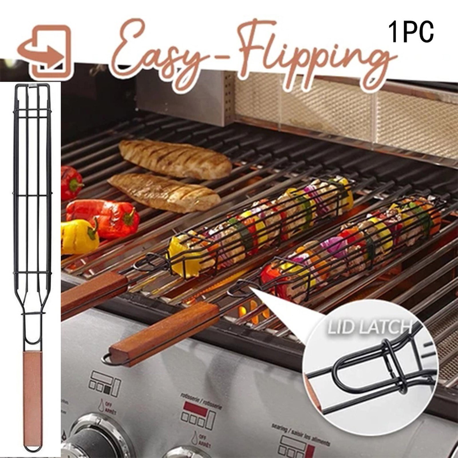 Meat Set of 4 Non-Stick Stainless Steel Kebab Barbecue Grill Box Tool with Lockable Grid and Wood Handle for Vegetables A Kabob Grilling Baskets & BBQ Skewers Hot Dog Shrimps 