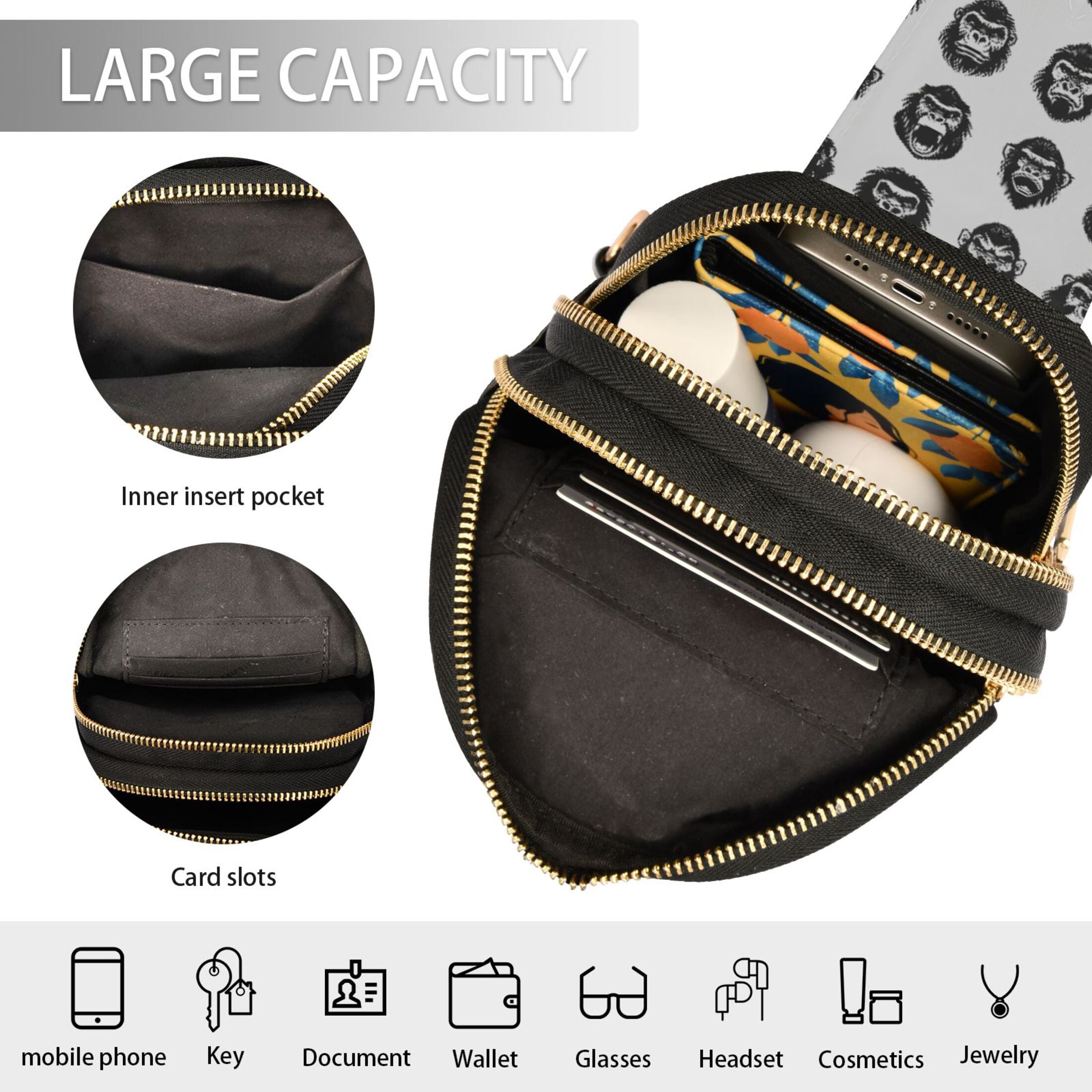ALAZA Gorilla Pattern Sling Bag for Women Men Waterproof Crossbody Chest Bags