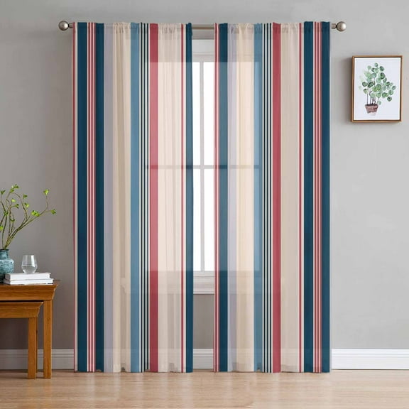 ERUNPONLY Blue Red Striped Sheer Curtains 84 Inch Length 2 Panels Set, Modern Stripes Art Farmhouse Voile Window Treatment Rod Pocket Curtains Sheers Drapes for Bedroom/Living Room/Kitchen 52"x84"x2