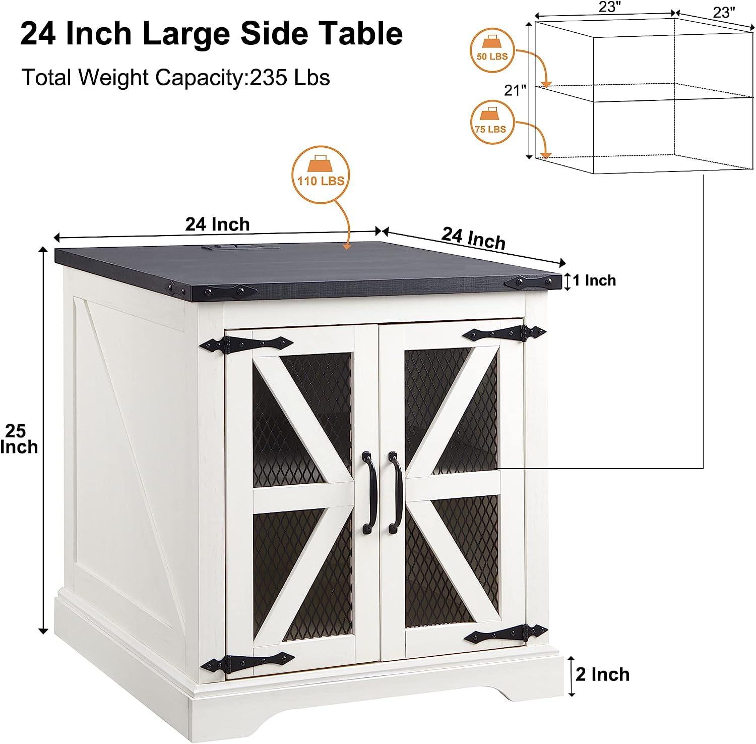 T4TREAM Farmhouse End Table with Charging Station, Side Table with Mesh Door & Storage Shelf Nightstand for Living Room Bedroom, White,Wood Tabletop