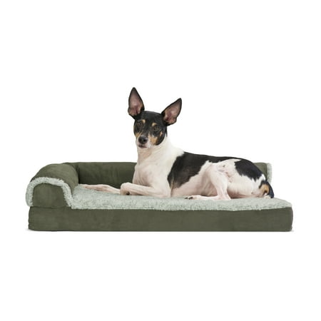 UPC: 0842229107371 | FurHaven Pet Products Two-Tone Faux Fur & Suede Deluxe L-Chaise Memory Top Sofa-Style Pet Bed for Dogs & Cats – Dark Sage Medium