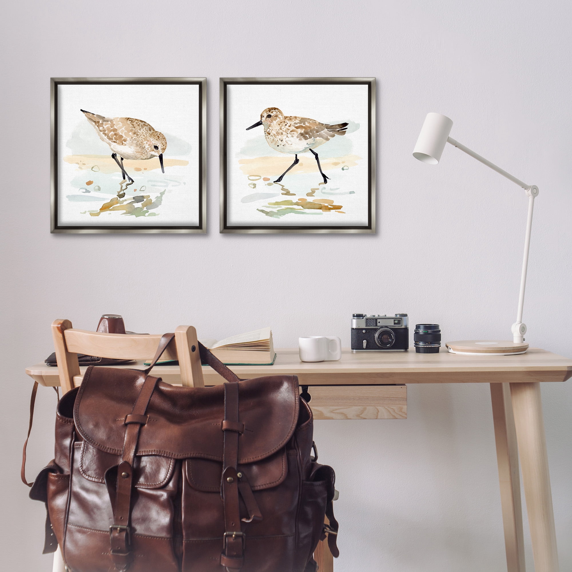 Stupell Industries Sea Birds on Shore Animals & Insects Painting Gray Floater Framed Canvas Art Print Wall Art, 18 x 18, Set of 2