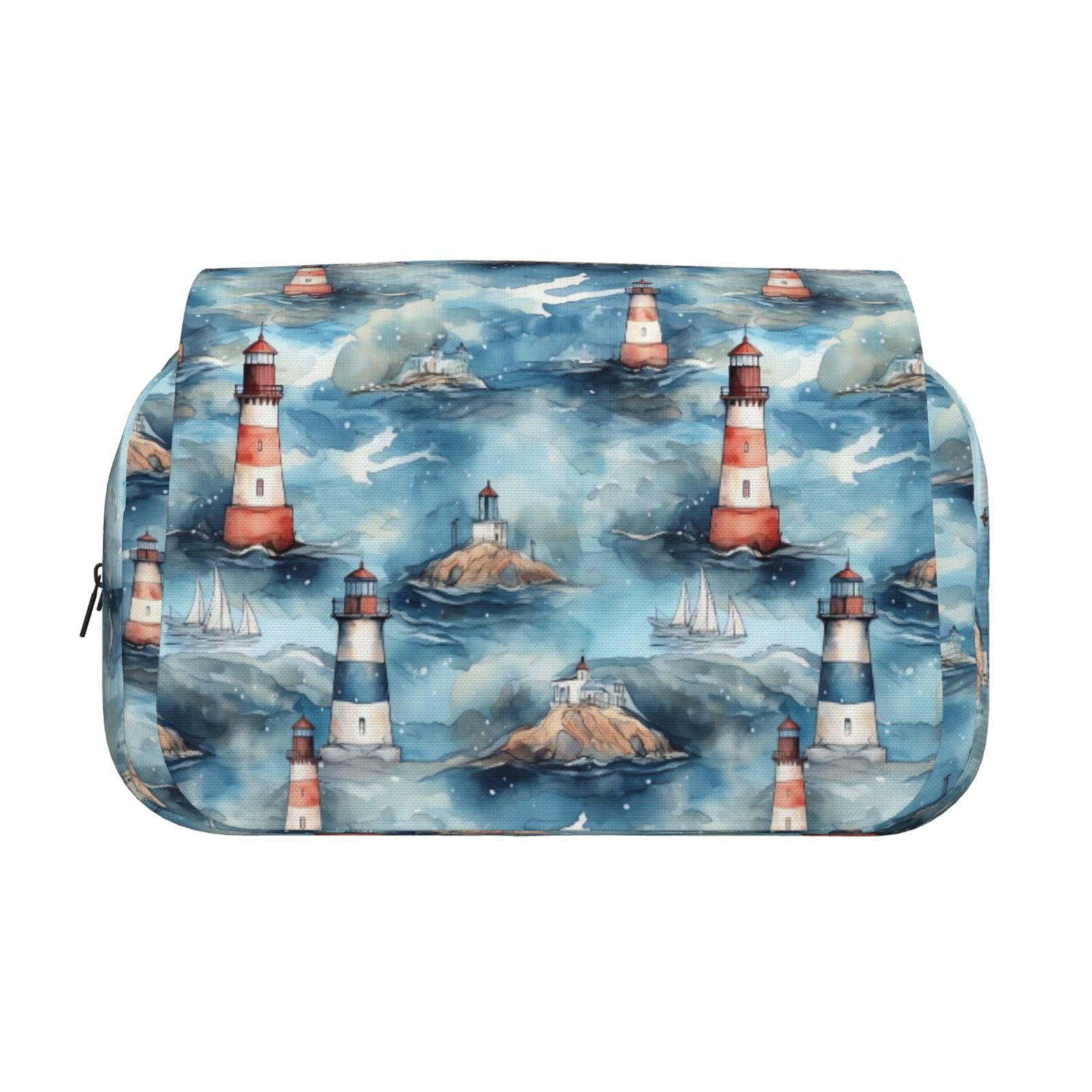 Rateoe Sea Marine And Lighthouse Pattern Double Clamshell Pen Case, Storage Organizer with Two Zipper Compartments– Holds Up to 50 Pencils & Pens