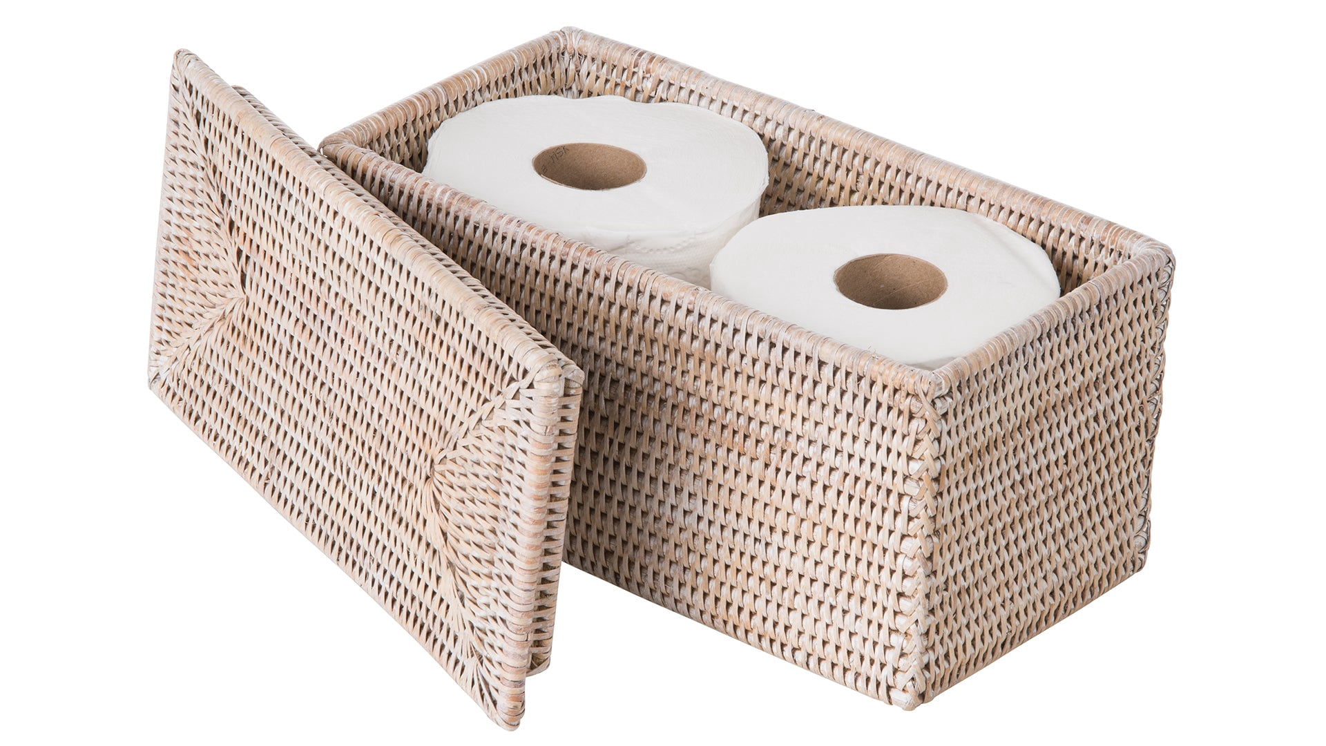 Kouboo La Jolla Rectangular Rattan Storage and Toilet Roll Storage Basket Decorative Storage Bins, Organizer, Household, Basket With Lid, White Wash