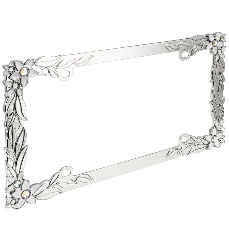 Auto Drive Silver Metal License Plate Frame with 3D Daisy Bling