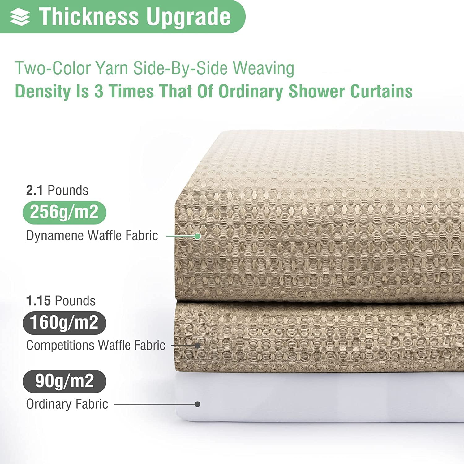 CAILDANL Green Shower Curtain - Waffle Textured Heavy Duty Thick Fabric Shower Curtains for Bathroom, 256GSM Luxury Weighted Polyester Cloth Bath Curtain Set with 12 Plastic Hooks，72Wx72H,Green