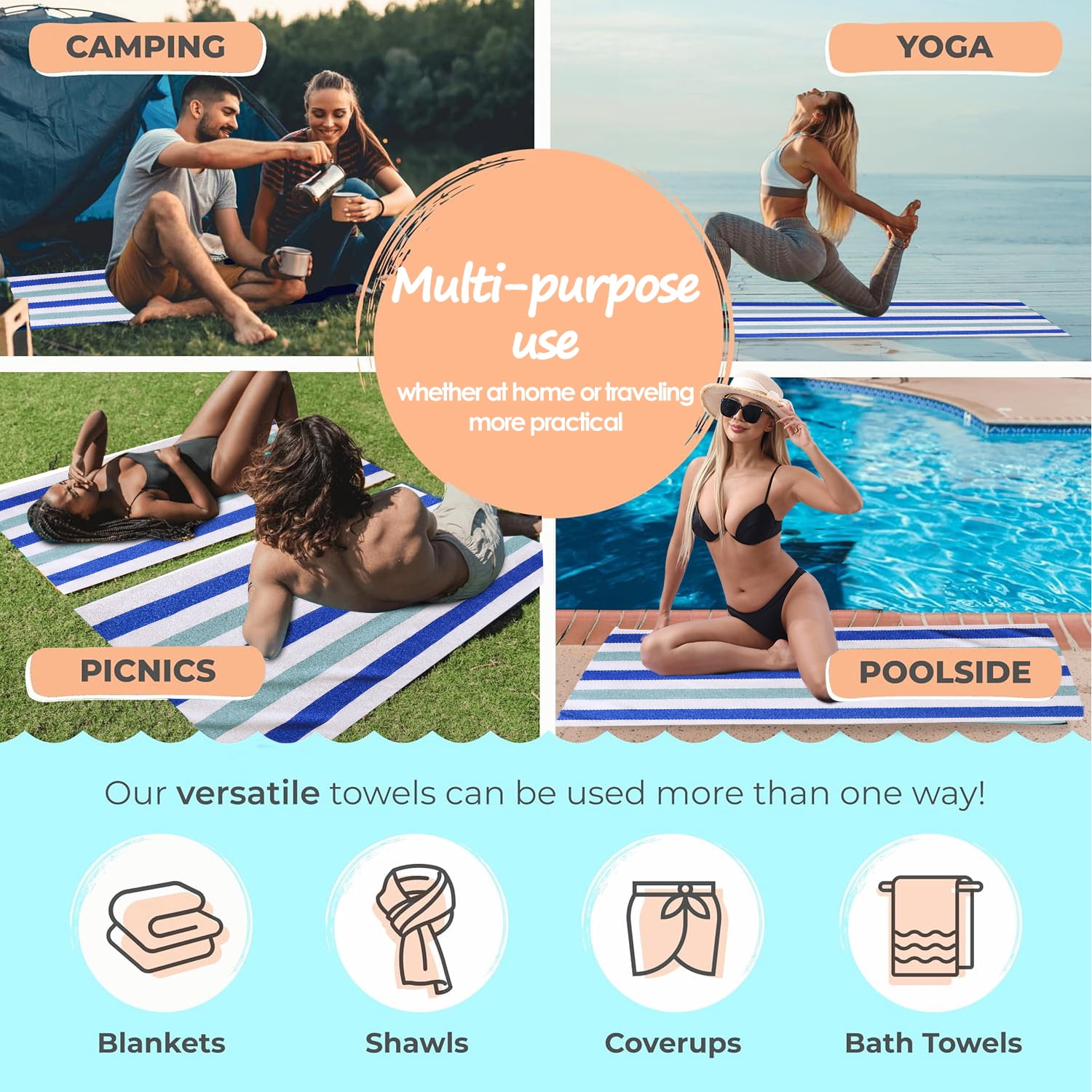 Beartech 4 Pieces Beach Towel Set,30x60 inches Striped Beach Towels Soft Camping Travel Towels, Lightweight Quick Dry Pool Towels for Beach Shower Towels Swim Towels Absorbent for Adults