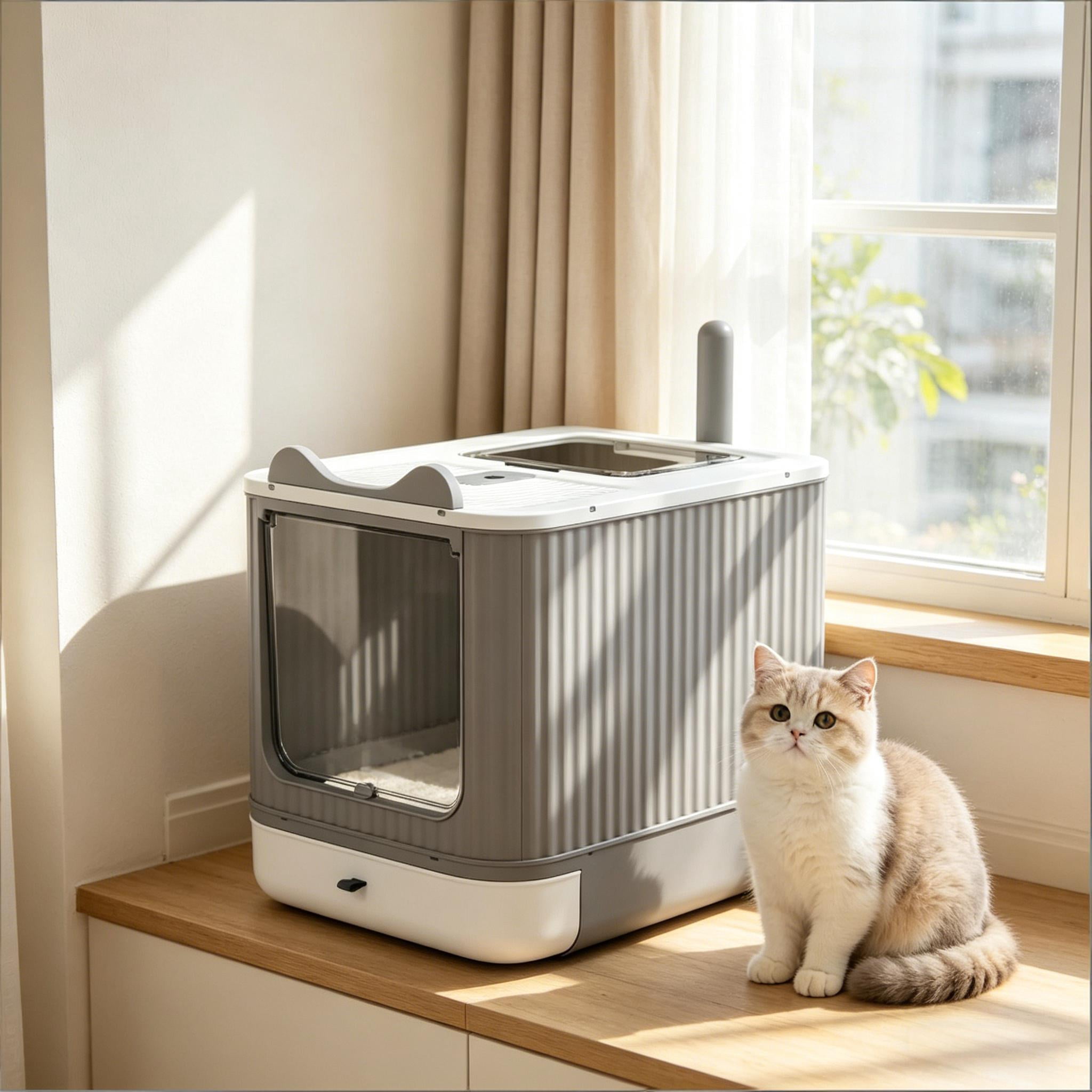 Enclosed Cat Litter Box with Slide-Out Tray for Small-Medium Cats, Top-Exit Design, Odor Control, Includes Scoop & Charcoal Packs, White