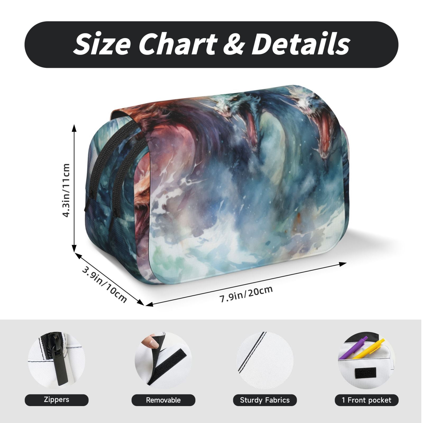 Rateoe Ink Style Wave Dragon Pattern Double Clamshell Pen Case, Storage Organizer with Two Zipper Compartments– Holds Up to 50 Pencils & Pens