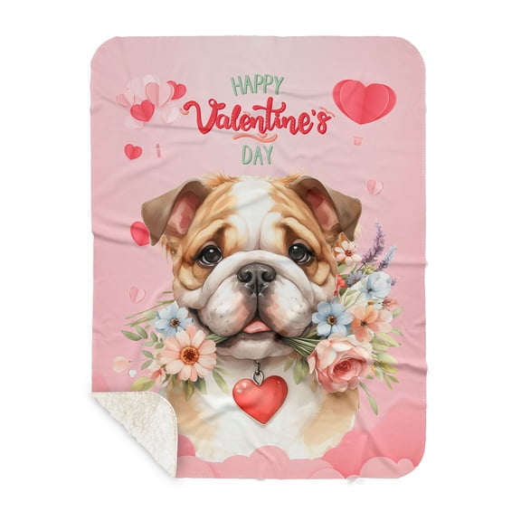 Happy Valentine's Day Bulldog holding flowers Cozy Sherpa Blanket Dog Lover Gifts Idea Warm Soft Throw Blanket - 3005