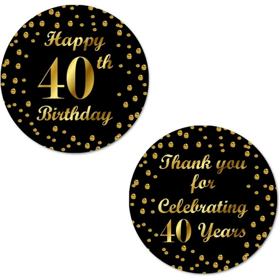 40th Birthday Round 2 Inch Big Glossy Stickers, Thank You for Celebrating 40 Years Black and Gold Labels, Great for Party Favors, Decorations, Tags, Gift Bags and Supplies