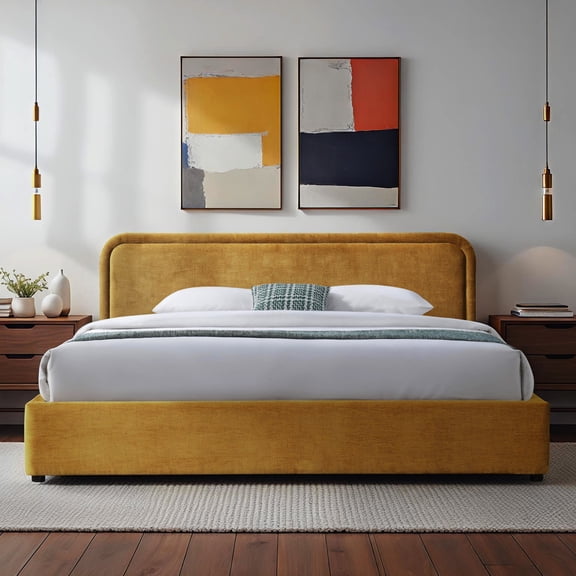 Omax Decor Chloe Upholstered Platform King Bed in Gold Fabric