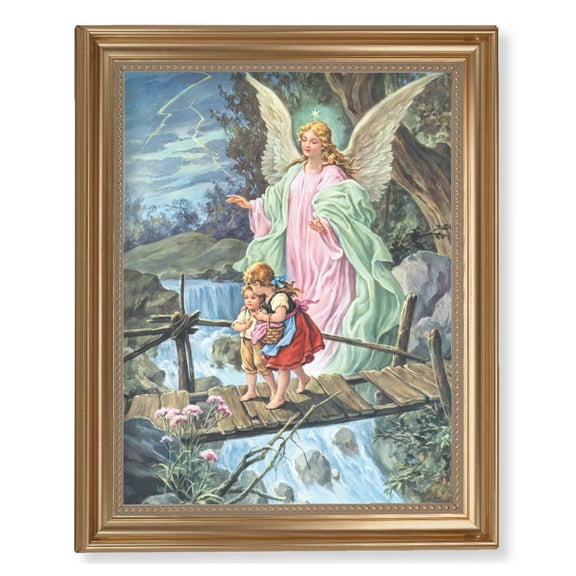 Guardian Angel Picture Framed Wall Art Decor Extra Large, Classic Gold-Leaf Fluted Frame with Beaded Lip