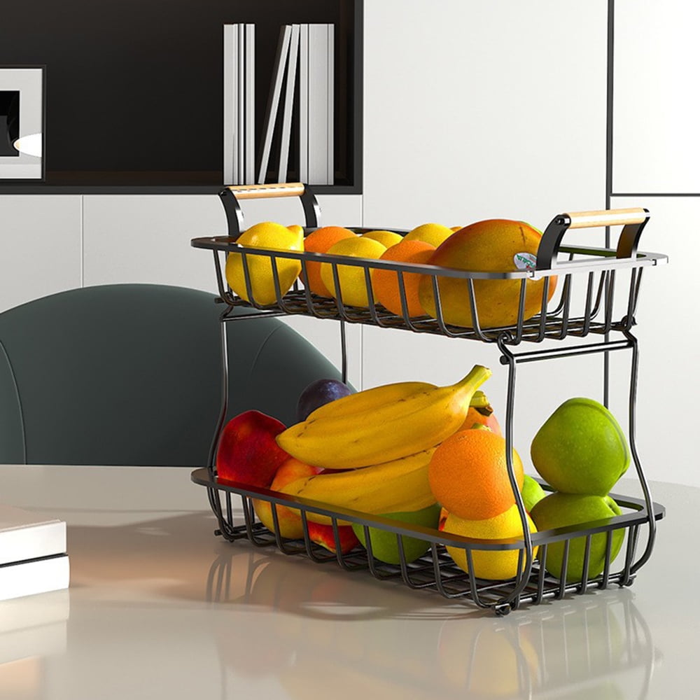 CACAGOO 2 Tier Countertop Fruit Basket Kitchen Organizer with Wooden Handle for Kitchen Counter Metal Mesh Basket Fruits Stand Produce Holder Organizer