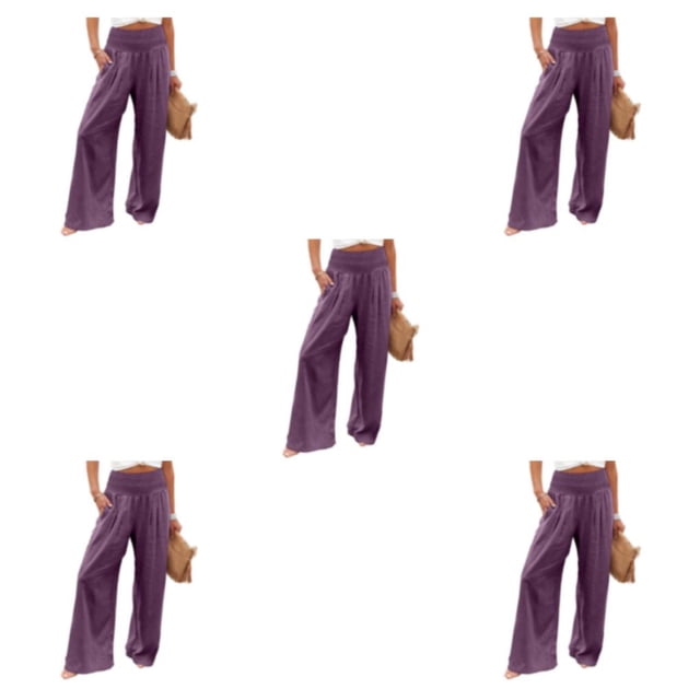 Qarigey Señoras Verano Primavera Pantalones Bolsillos Largo Suelto Casual Pierna ancha Cintura alta Moda elástica para ropa de calle Púrpura Type2 NO2