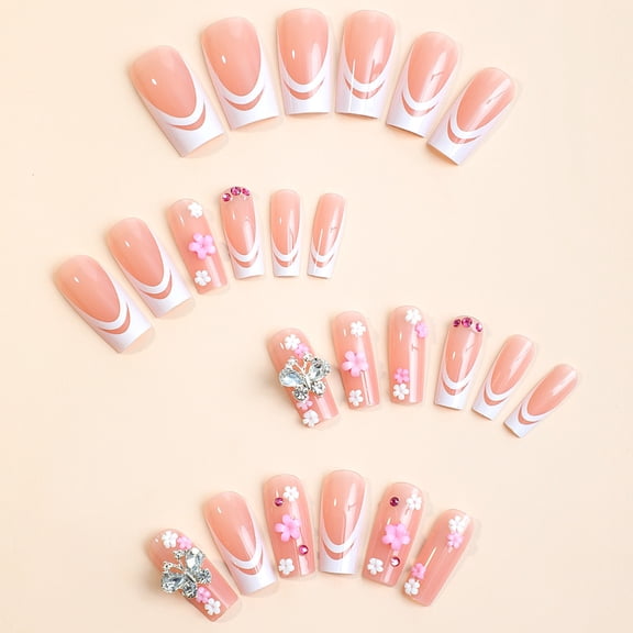 Long Square Press On Nail with 3D Rhinestone Butterfly Decor,Pink French Tips for Women,Flower Fake Nail Daily False Nail