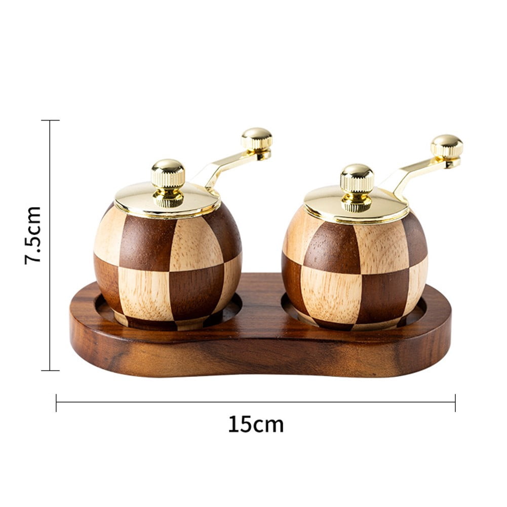 Chessboard Hand Cranked Pepper Grinder Kitchen Solid Wood Seasoning Jar Two Sets+Base