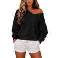 thumbnail image 2 of Staron Women's Off Shoulder Long Sleeve Casual Sweater Double V Neck Cropped Hoodie Pullover Trendy Fall Winter Cozy Top Black M, 2 of 7
