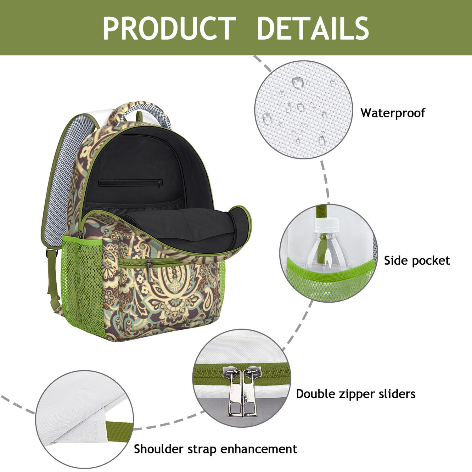 Elegant Paisley Boho Design Backpack - Waterproof & Durable Bookbag with Spinal Support for Students