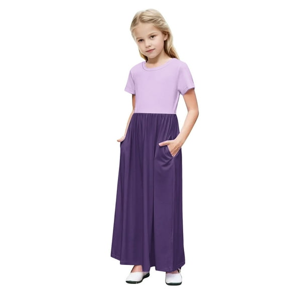 CYRBOKO Girls Dresses with Pockets, Vacation Gift Casual Short Sleeve Midi Dresses Purple Size 7-8 T
