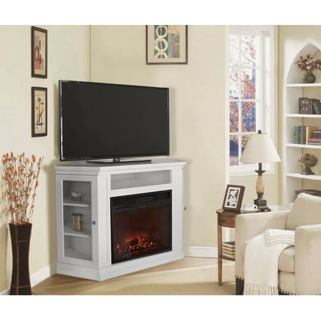 Ghp Ivory Corner Fireplace Tv Stand W Media Shelf 2 Side Cabinets