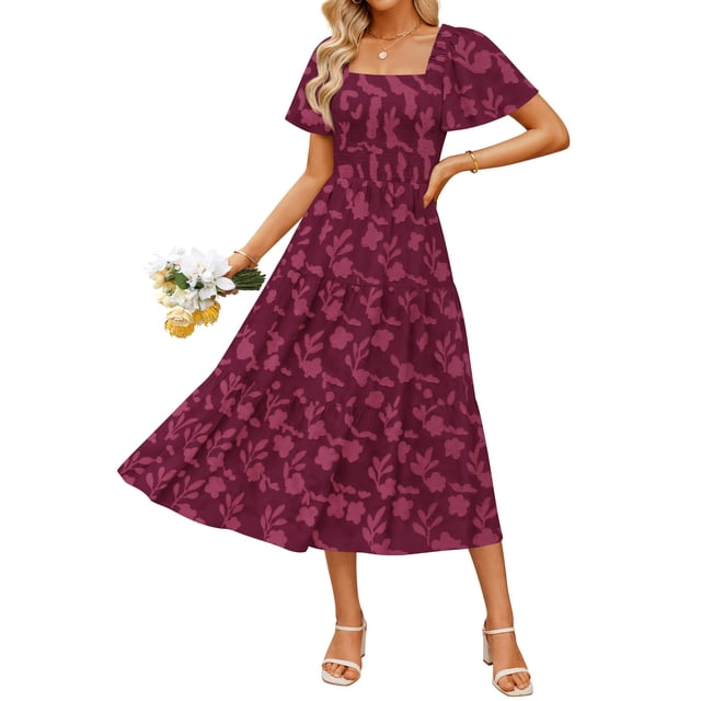 Vestido ZESICA para mujer, estilo bohemio, floral, midi, talla S, color vino
