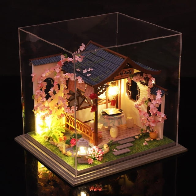 Miniature Wooden Doll House Kit Assembled Furniture Japanese Casa Dollhouse with Cherry Blossoms Toys for Adults Xmas Gifts heqiyong LED
