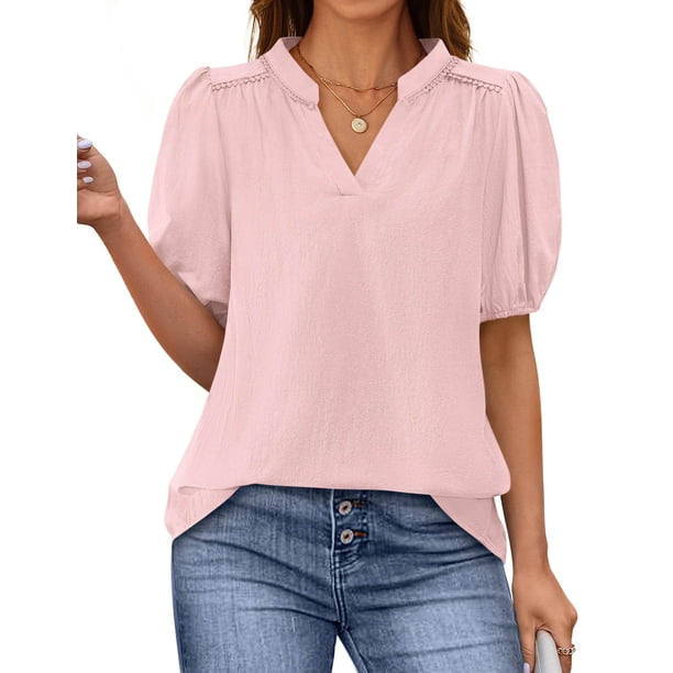 Blusa PRETTYGARDEN Mujer Cuello en V Manga Corta Abullonada Rosa