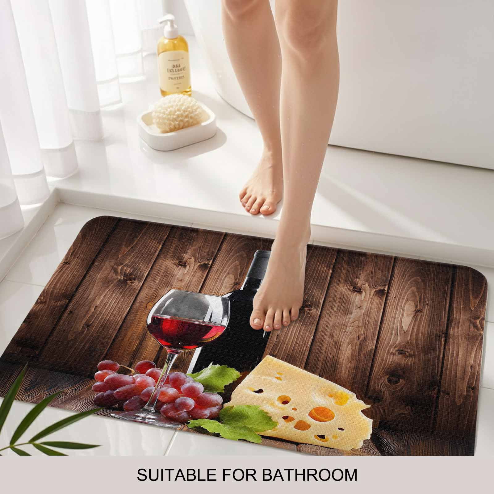 Wine Cheese Doormat Outdoor Entrance 18"x30", Grapes Farmhouse Brown Wooden Plank Absorb Moisture Dirt Door Mats, Non-Slip Rubber Backing Floor Mats Indoor, Low-Profile Front Door Rugs