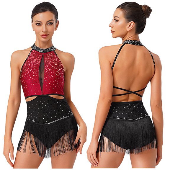 YiZYiF Womens Sparkle Latin Dance Leotard Tassel Skirt Halter Backless Bodysuit Cha Cha Rumba Shows Red XXL