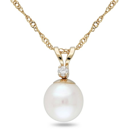 Miabella 7-7.5mm White Round Cultured Freshwater Pearl and Diamond-Accent 14kt Yellow Gold Fashion Pendant, 17