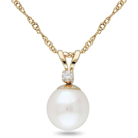 Round Freshwater Pearl Pendant (Miabella 7-7.5mm White Round Cultured Freshwater Pearl and Diamond-Accent 14kt Yellow Gold Fashion Pendant,)