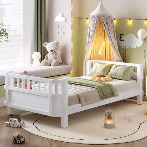 Bellemave Twin Size Bed Frame, Twin Montessori Bed with Safety Guardrails and Detachable Fence, Wood Platform Bed Twin Daybed Frame, Low Profile & Rounded Corners Design, White