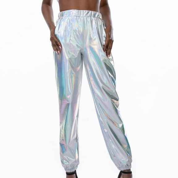 AKOEE Women's Metallic Shiny Club Pants with Pocket Elastic High Waist Jogger Holographic Hip Hop Y2k Streetwear (XL, White)