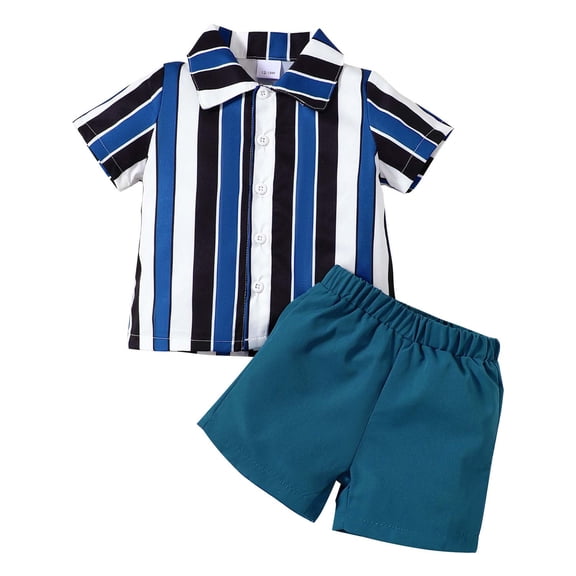 Kucnuzki 2T Toddler Boys Summer Outfit Set 3T Child Boy Clothes Set Short Sleeves Striped Print Shirt Top Button Top Solid Color Shorts Sets 2pcs Clothing Blue