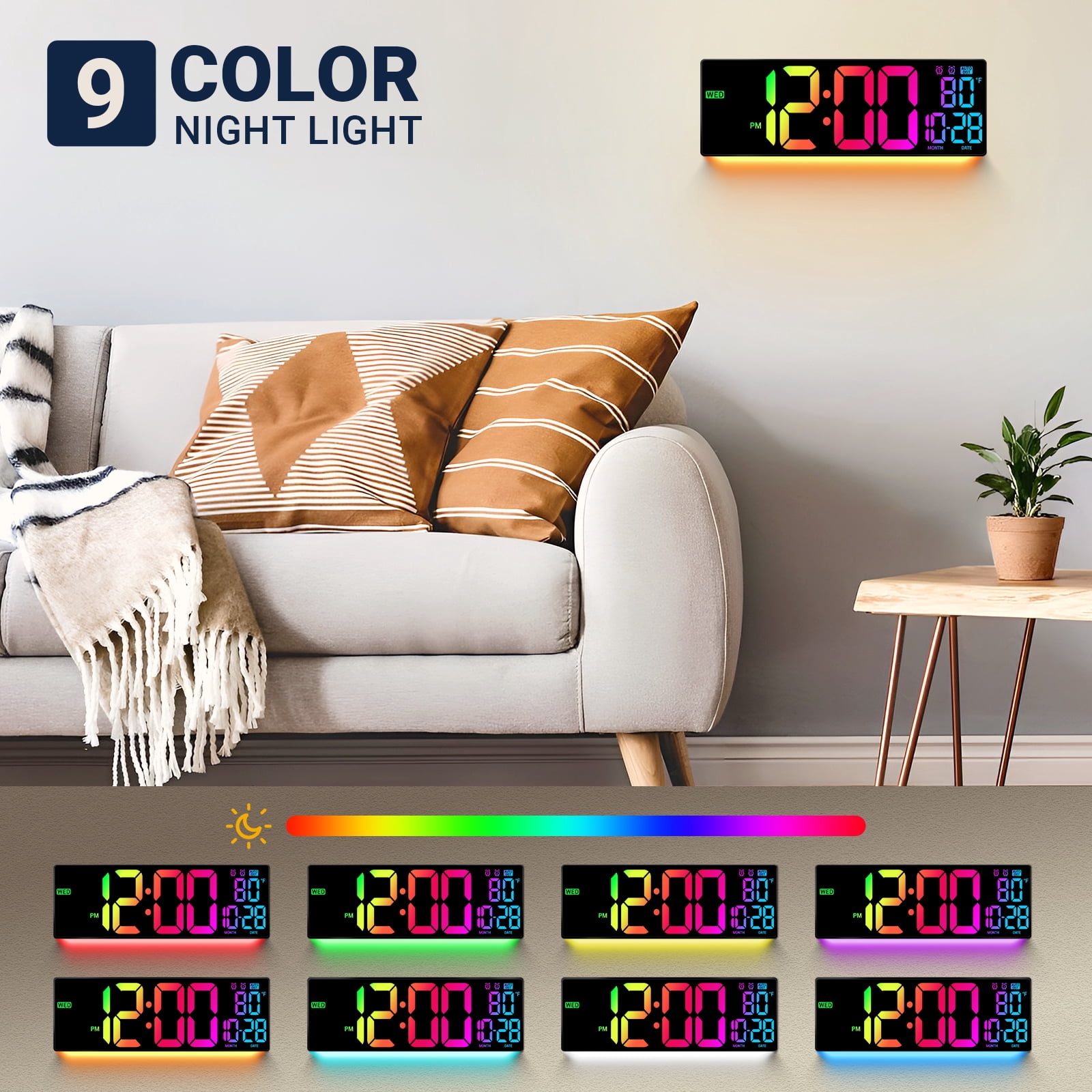 16" Large Digital Wall Mount Clock, Count Down Timer, Alarm, Big LED, DST, Temperature for Living Room Classroom Desk, Xmas, Birthday Gift for Senior Men Women Mom Dad, Colorful