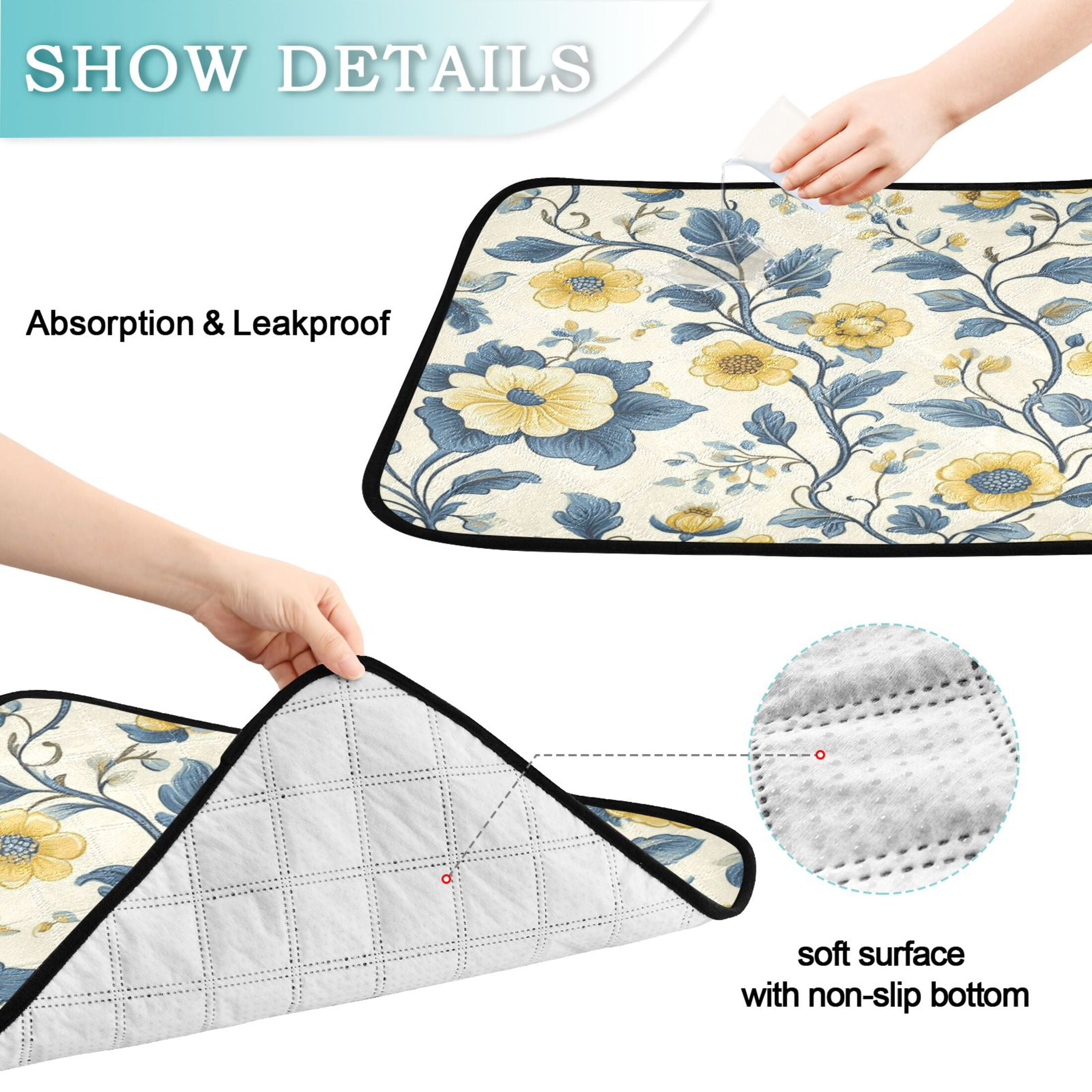 Qxltty Yellow Vintage Floral Pattern Cat litter Pads Pet Set of 3 Diaper Mats Center Anti-leakage Layer Absorbent Soft and Comfortable